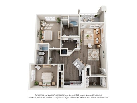 Floor plan for 2 beds, 2 baths, 1121 sqft